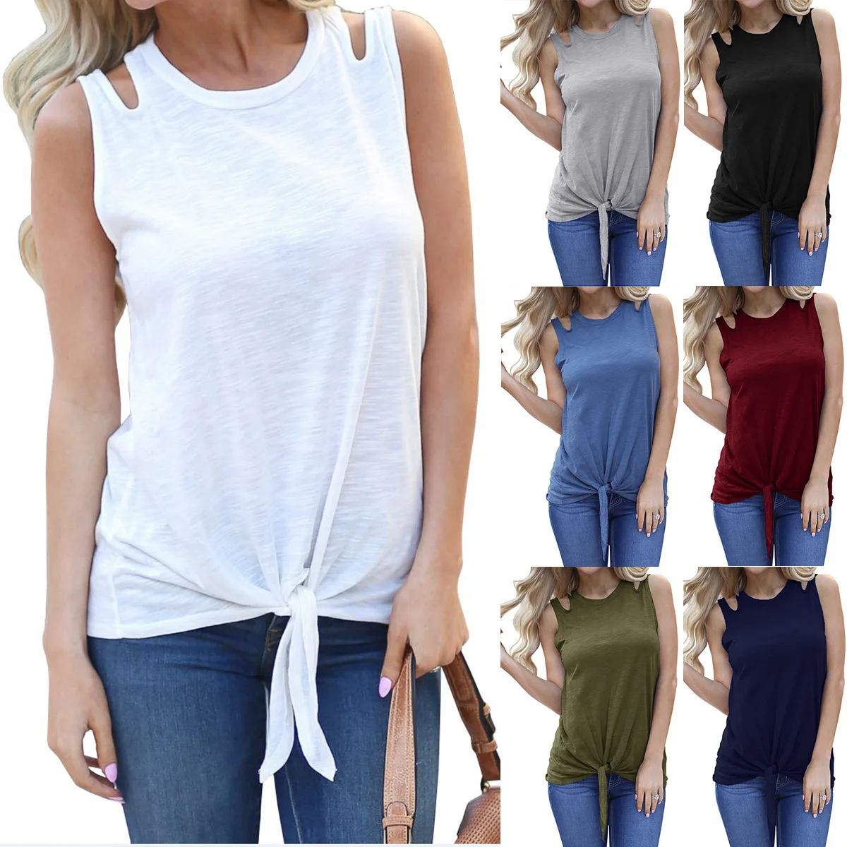 

Summer Sleeveless Cotton Vest Knotted Loose O Neck Plain Tops off Shoulder Women's Clothing Holographic Pink White Black Clothes