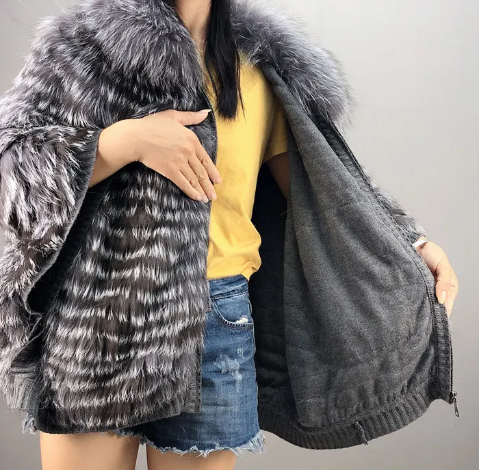 

Women's real silver fox fur jacket, loose-fitting Furry Cropped Short striped coat
