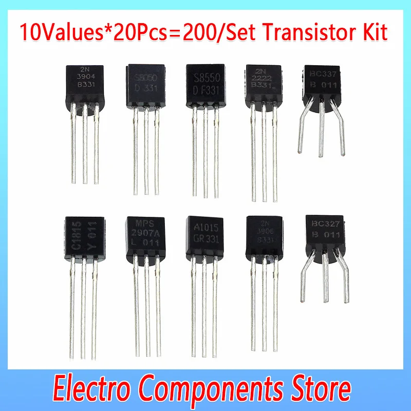 

200Pcs 10Values*20Pcs BC337 BC327 2N2222 2N2907 2N3904 2N3906 S8050 S8550 A1015 C1815 Transistors Box Pack Transistor Kit TO-92