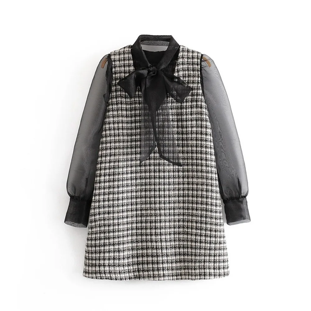 Женское платье повседневное клетчатое из органзы декоративное с бантом выше