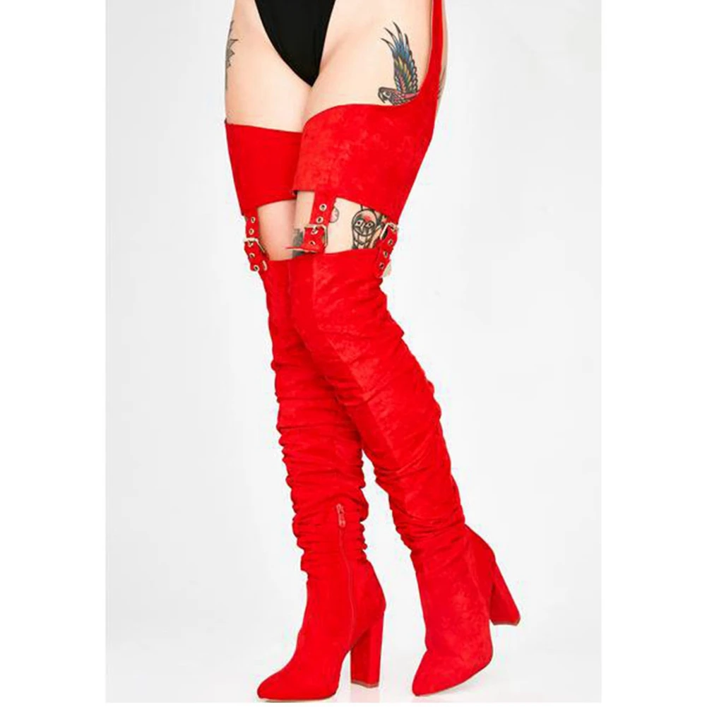 

RIBETRINI Lady Sexy Over The Knee Boots Party Buckle Pointed Toe High Heels Stylish Designer Boots Women Zipper Shoes Woman