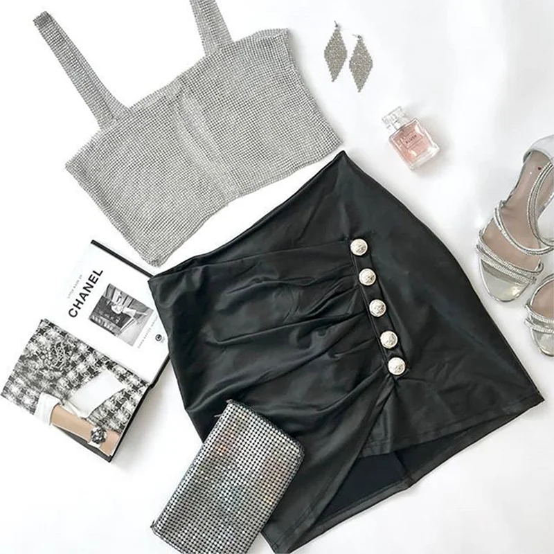 

Sexy Skirts Women Solid Color PU Leather Skirt Women Buttons Pleated Zipper Bodycon High Waist Skirt Nightclub Mini Black Skirt