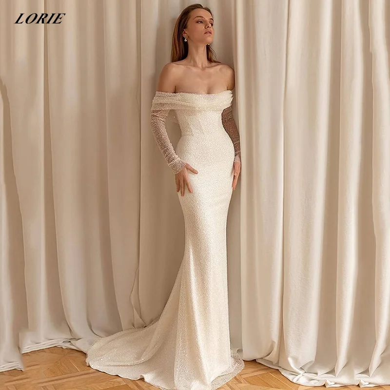 LORIE Off Shoulder Glitter Elegant Mermaid Wedding Dresses Strapless Long Shiny Sleeves Bodycon Bohemia Bridal Gowns Plus Size