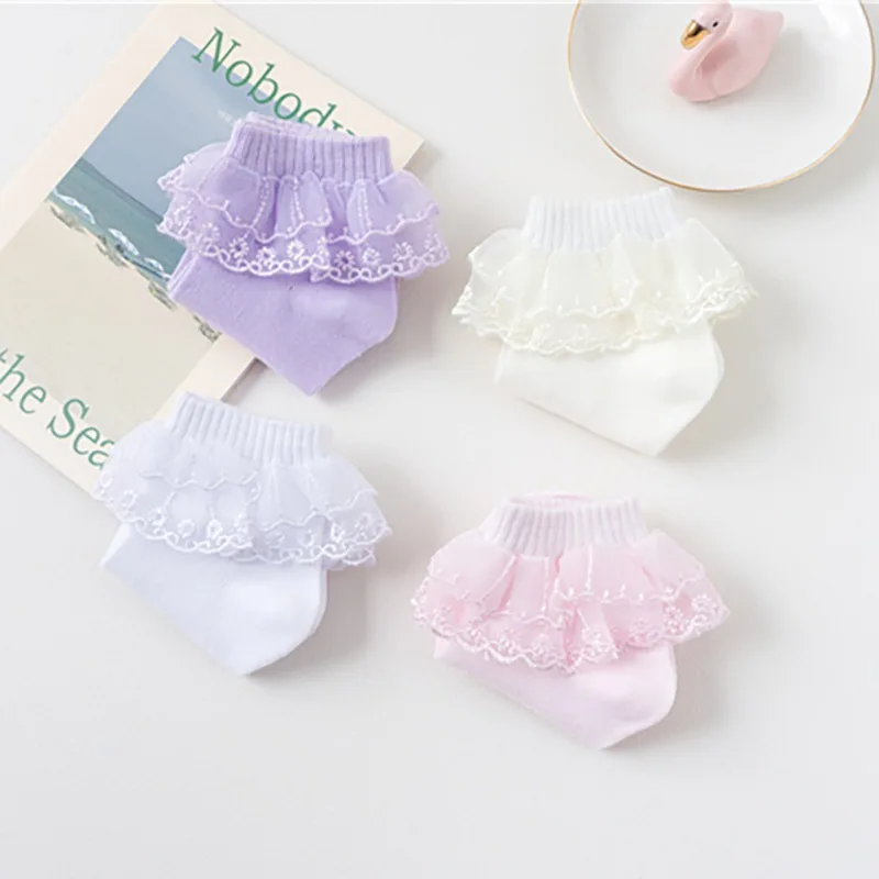 Детские однотонные милые хлопковые короткие кружевные детские носки принцессы