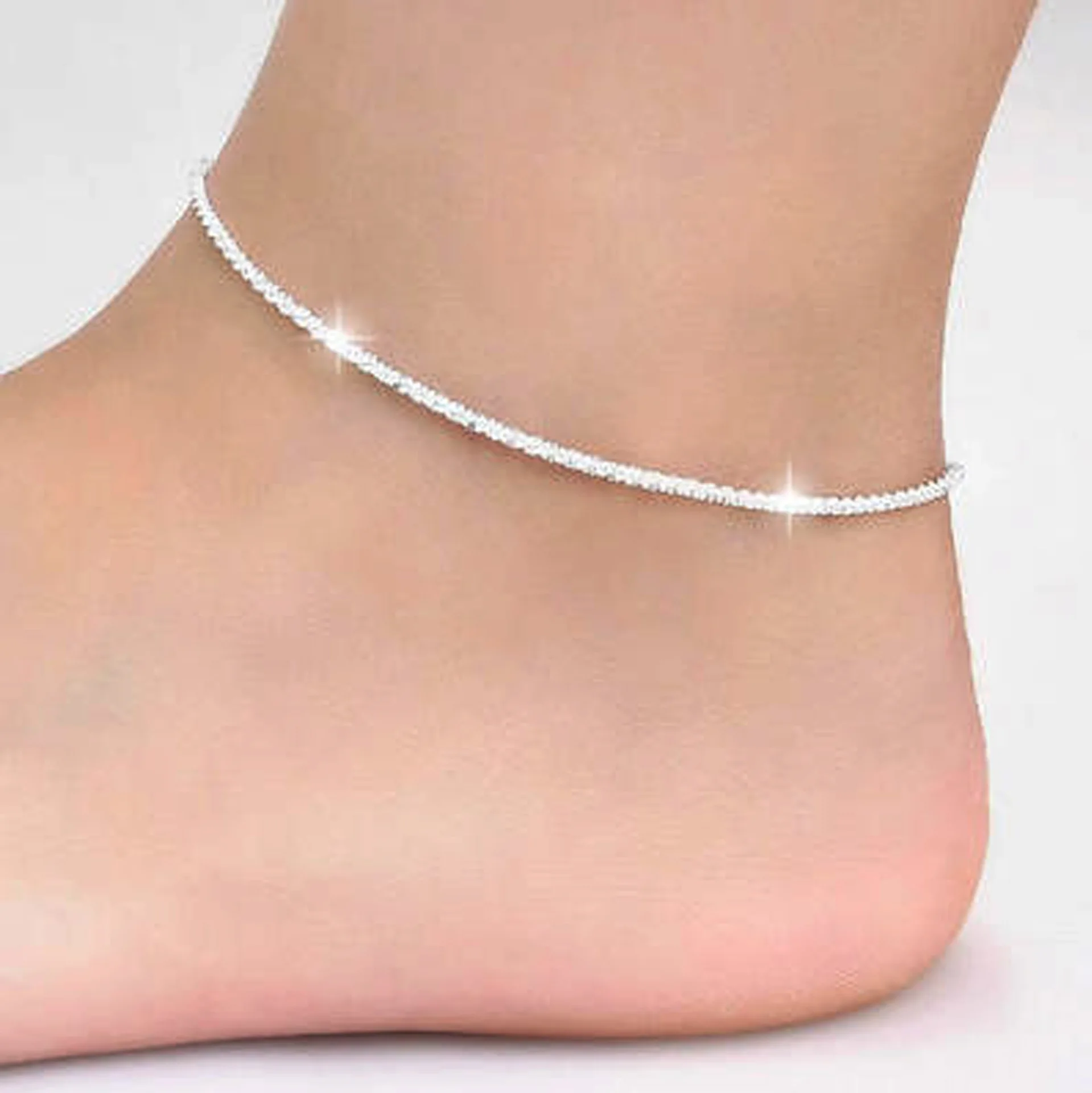 

2021 Jewelry Leg Bracelet Barefoot Tobillera de Prata Thin stamped silver plated Shiny Chains Anklet For Women Girls Friend Foot
