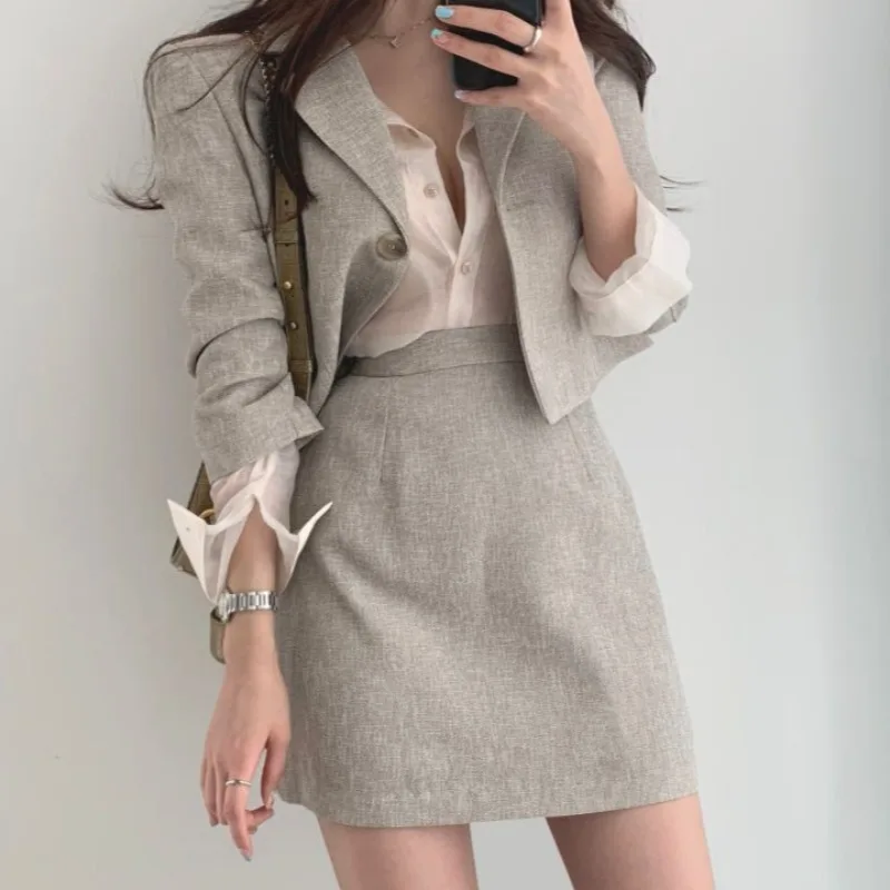 

Blazer & Suits Skirt Suits Full Sleeve Short Blazer Coat + Slim High Waist Skirts Mini Solid Slim Casual Vintage 2 Pieces Set