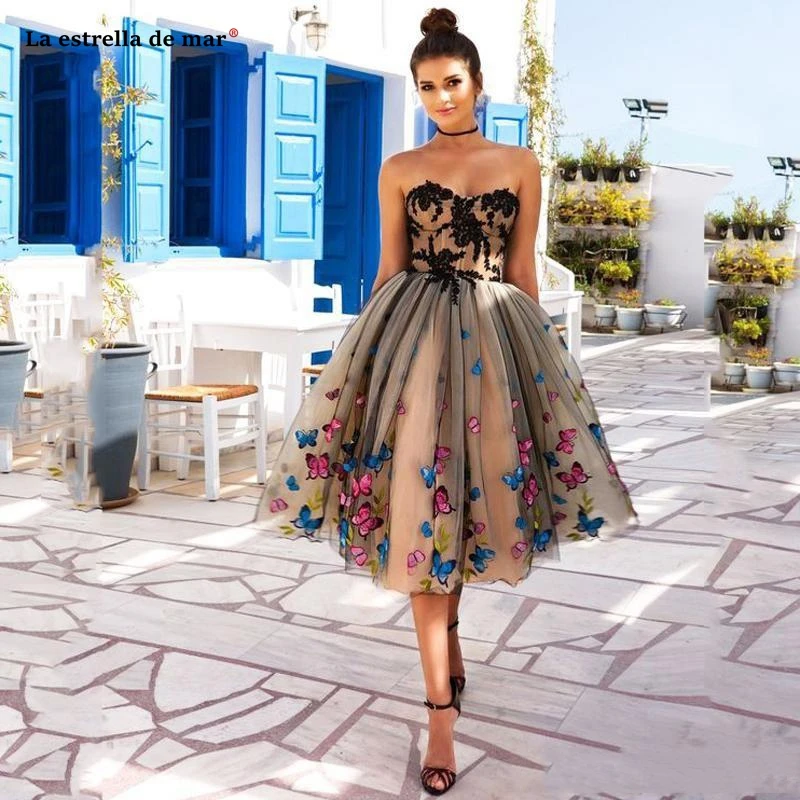 

New Tea Length Cocktail Dresses Colorful Butterfly Sweetheart Tulle Lace Appliques Plus Size Prom Gowns vestidos de coctel muj