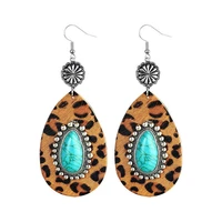 vintage silver color flower crystal around oval turquoise stone embellished leopard leather teardrop earrings for women jewelry