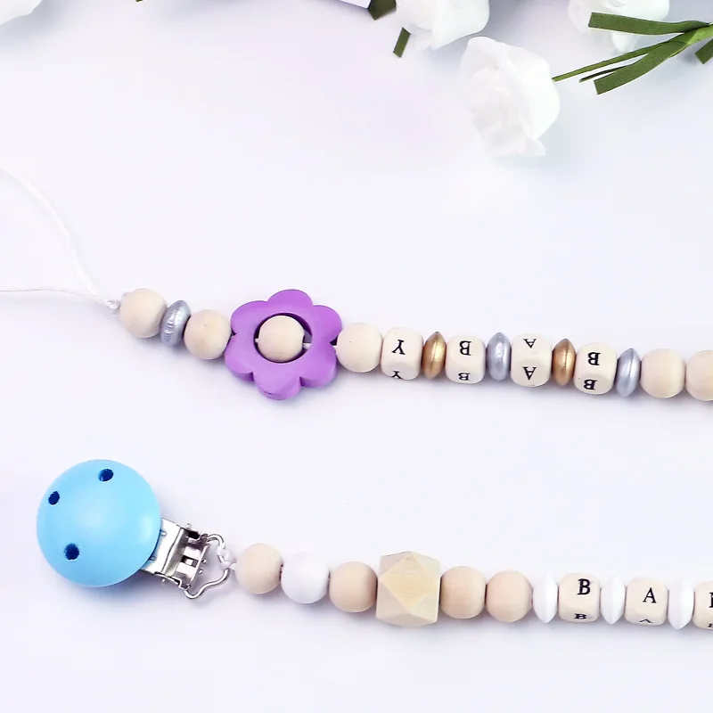 

Fashion Silicone Personalised Name Baby Pacifier Clips Crochet Beads Silicone Crown Pacifier Chain Holder Baby Shower Gift