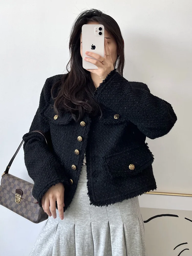 

Женское пальто в иностранном стиле, черное пальто из 30% шерсти с мелким запахом, женский свободный короткий кардиган на осень