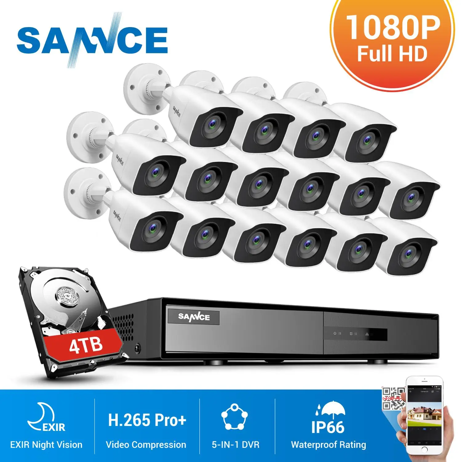 Камера видеонаблюдения SANNCE 16 каналов HD 1080P DVR шт. 1920*1080P ИК камера 2 МП|Система