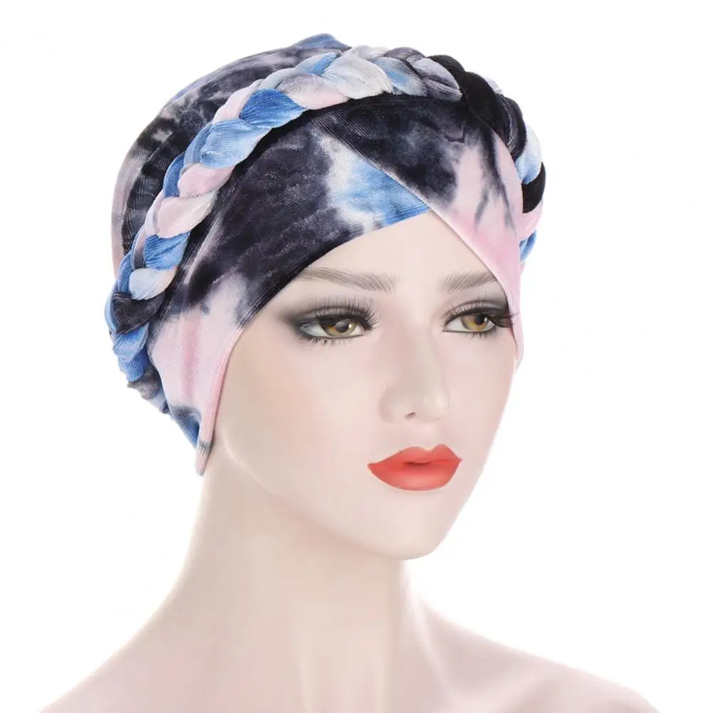 

Women Wrap Headscarf Tie-dyed Flannel Braid Stretch Foldable Beanie Hat Headscarf Headwear Muslim-Turban caps India Hat mujer