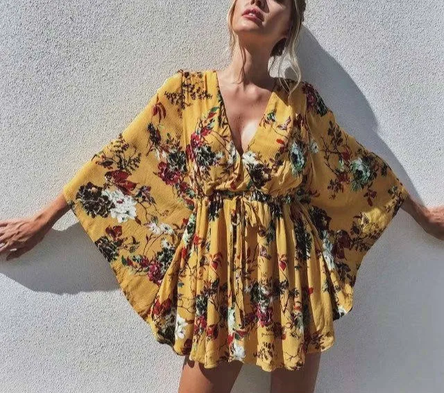 Women Sexy V neck Lace Up Boho Dress Yellow Floral Batwing Sleeve Beach Summer Dresses Long Vintage | Женская одежда
