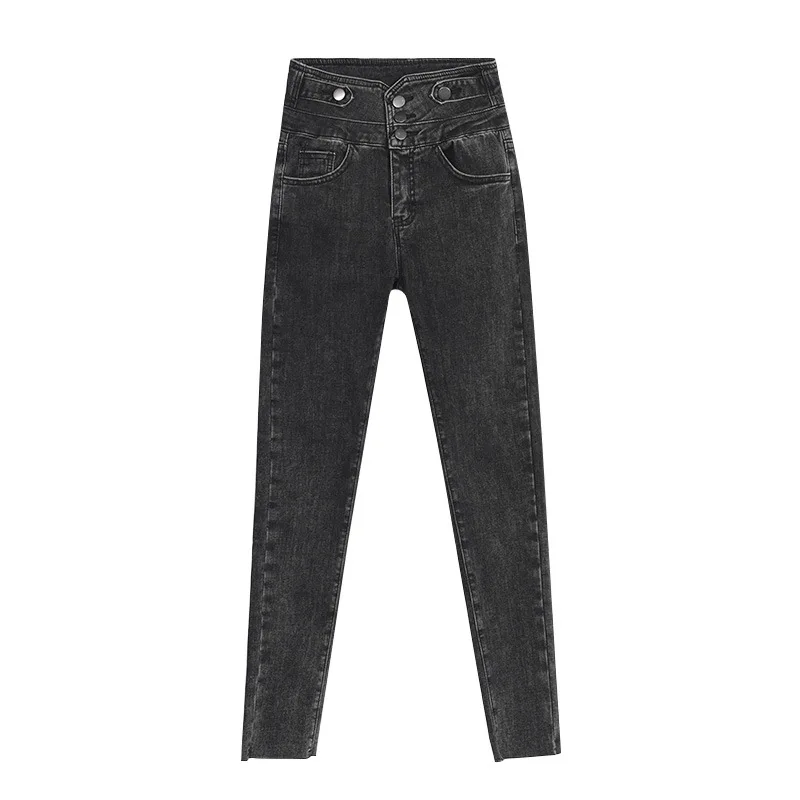 

New elastic waist three-breasted jeans woman high waist women skinny fashion korean denim Pencil Pants stretch jean plus size