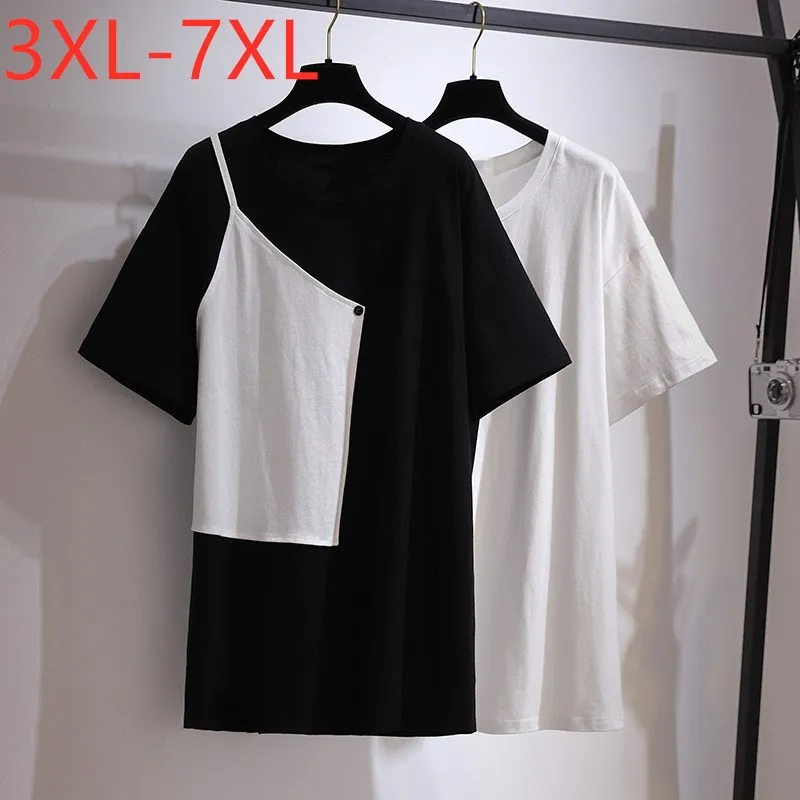 

Женский Свободный Топ в стиле пэчворк Missfansiqi, черная хлопковая длинная футболка с коротким рукавом, размеры 3XL, 4XL, 5XL, 6XL, 7XL, лето