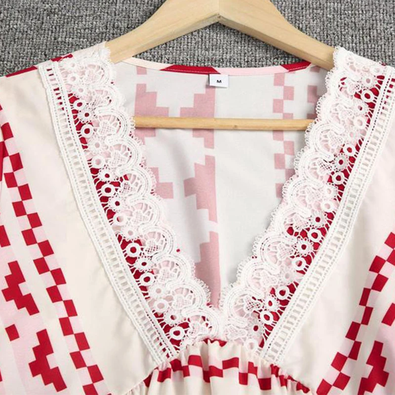 

New V Neck Lace Patchwork Tassel Party Dress Women Spring Geometric Print A-Line Mini Dress Autumn 3/4 Flare Sleeve Office Dress