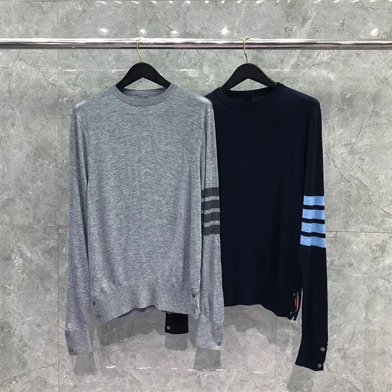 

2021 модные брендовые свитера TB THOM, мужские облегающие пуловеры с круглым вырезом, одежда, полосатая шерстяная хлопковая однотонная весенне-о...