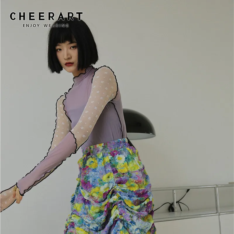 CHEERART фиолетовая сетчатая водолазка женская футболка в стиле пэчворк летний
