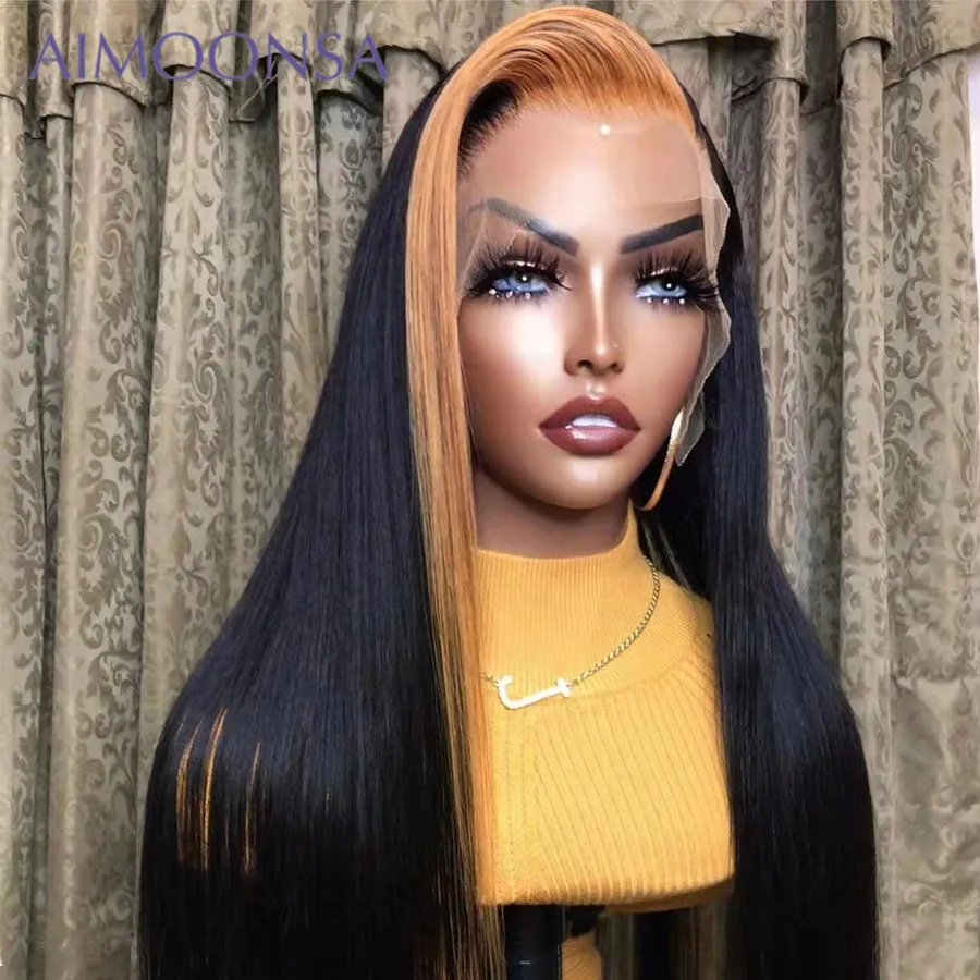 

Highlight Straight Wig Ombre Human Hair Wigs For Black Women 150% Pre Plucked Bleached Knots T Part Lace Mongolian Remy Hair