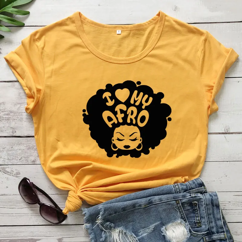 Футболка женская черная Феминистская с надписью I Love My афро |