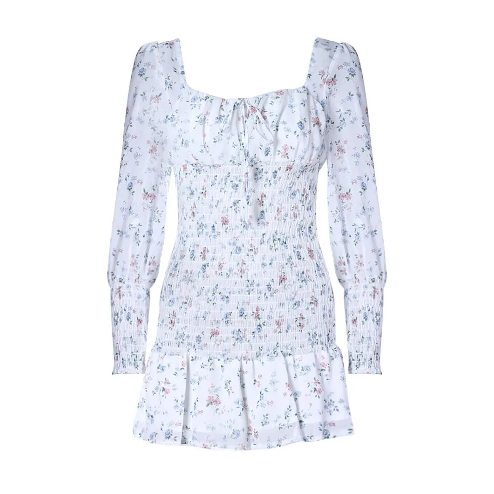 

Summer New Style Pleated Lotus Leaf Skirt Ladies Temperament Floral Skirt Open Back Square Collar Long Sleeve Chiffon Dress