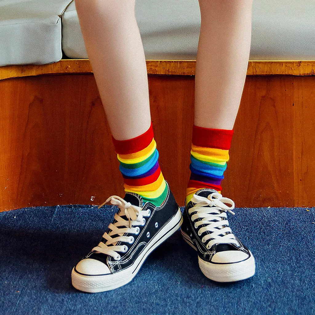 Хлопковые носки в радужную полоску Женские Теплые без пятки для девочек Модные