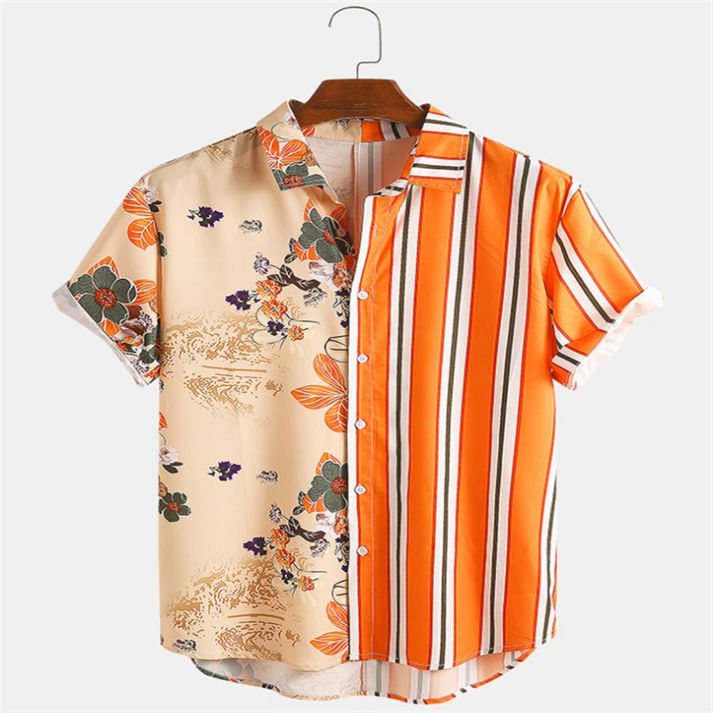 

Summer Men Shirts England Style Printing Stripe Hawaii Men's Shirts Casual Fashion Loose Short Sleeve Male Clothing Tops S-3XL