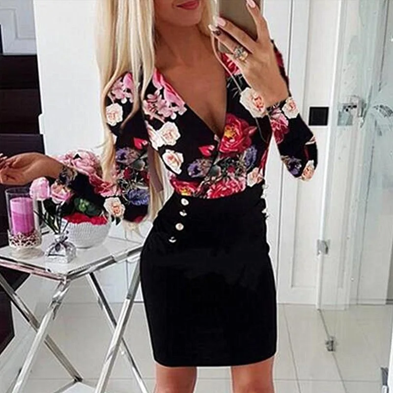 

3XL Office Women's Dress Printed V-neck Bandage Long Sleeve Dresses Female Skinny Fashion Formal Clothes Ladies