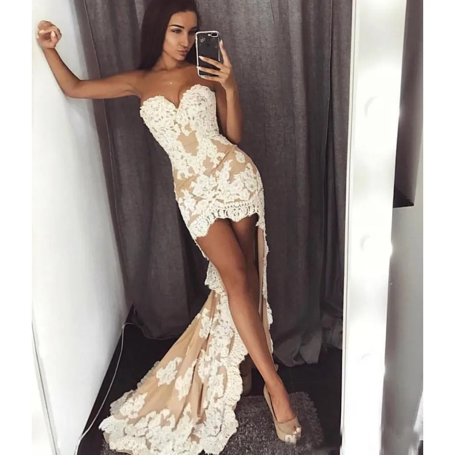 

Sexy Champagne White Lace Mermaid Party Prom Dresses Sweetheart Hi-low Evening Formal Party Wears Dress Plus Size