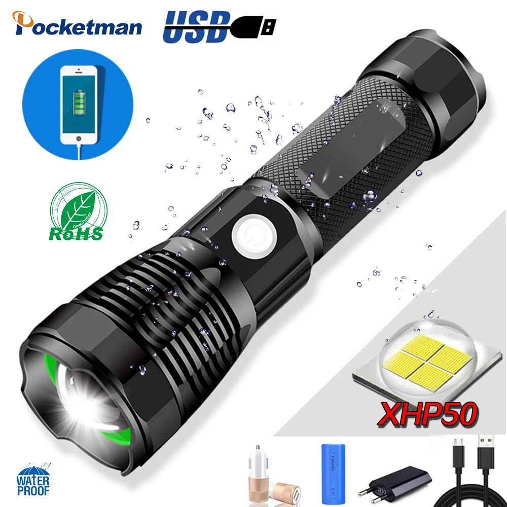 

Super Brightest LED Flashlight USB Rechargeable Torch XHP50.2 Fishing Zoomable Hand Lamp 26650 18650 Battery Flash Light