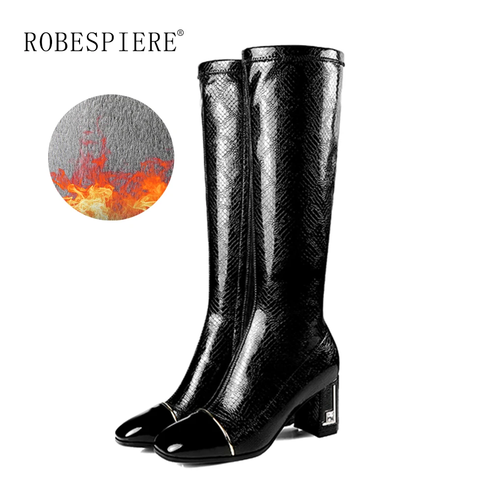 Goede ROBESPIERE Vierkante Teen Knie Hoge Laarzen Vrouw Kwaliteit Lakleer Grote Size Lady Schoenen Mode Stretch Hoge Hakken Laarzen B61