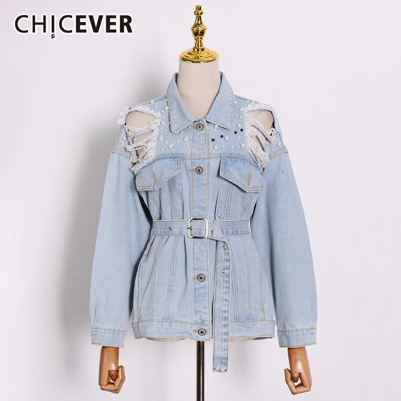 

CHICEVER Casual Patchwork Pearls Denim For Women Lapel Hollow Out Sashes Long Sleeve Denims Female New 2021 Spring Fashiom