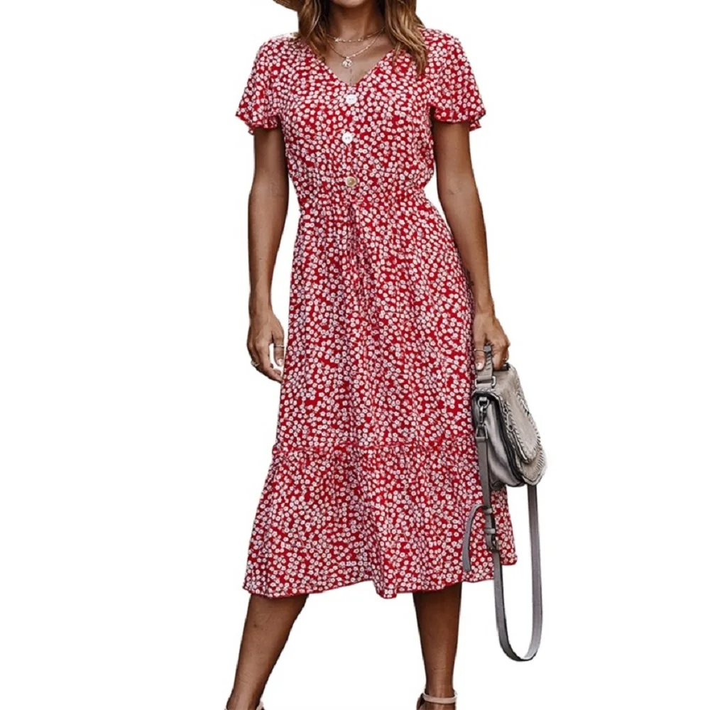 Женское платье на пуговицах с цветочным принтом V-образным вырезом | Женская