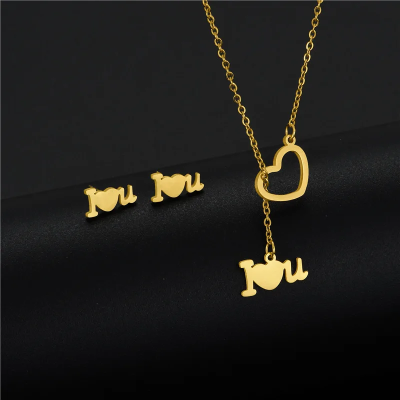 

Women's I Lover You Necklace Earrings Set Dubai Gold Color Stainless Steel African Indian Wedding Jewelry Sets for Women Girls