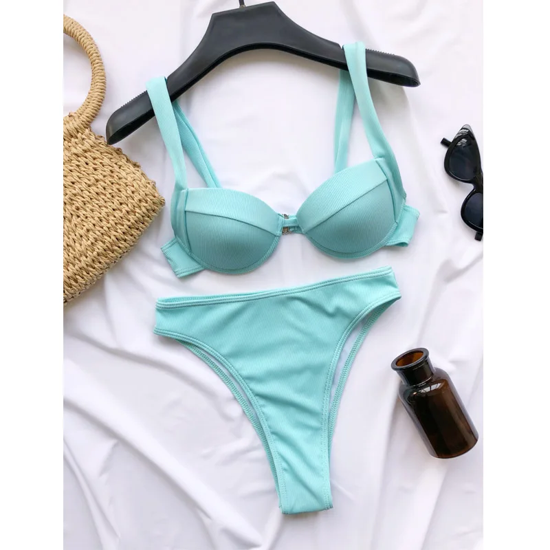 

2021 High Waisted Bikini Push Up Swimsuit Female Solid Bikini Set Women Swimwear Biquini Bathing Suit Swimming Suits Beachwear
