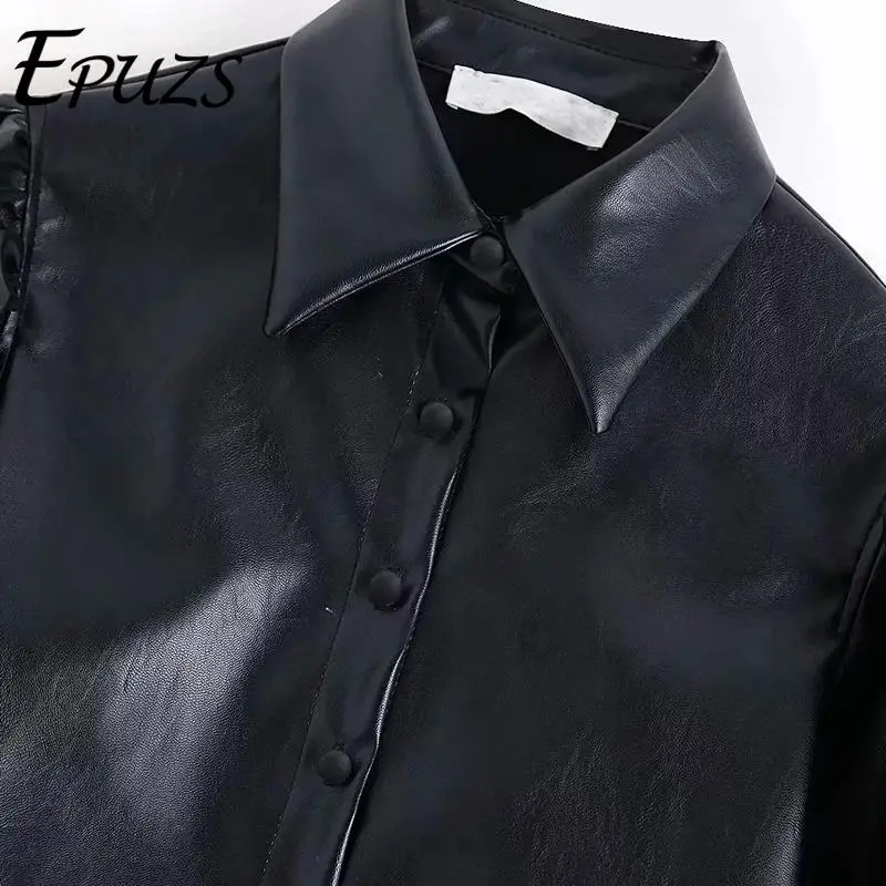 

Vintage black PU faux leather Womens Blouses korean puff sleeve Shirts Womens tops and blouses streetwear 2019 Camisa Blusas