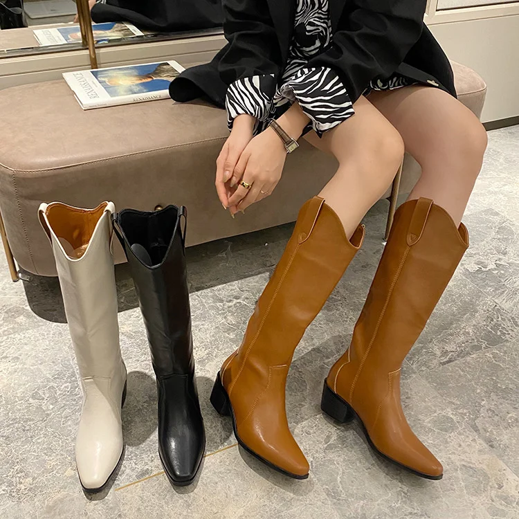 

High heeled Knight boots women's boots autumn winter leather boots autumn 2020 new knee less versatile thick heeled high boots