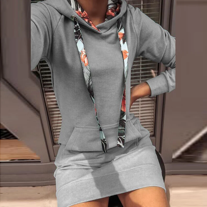 

Women Elegant Long Sleeve Drawstring Hooded Dress Autumn Casual Pocket Solid Ladies Dress Streetwear Female Mini Dress Vestidos