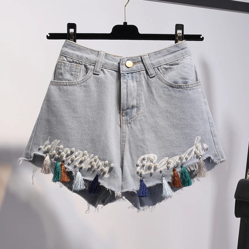 Шорты женские джинсовые с бисером свободные размера плюс завышенной талией и