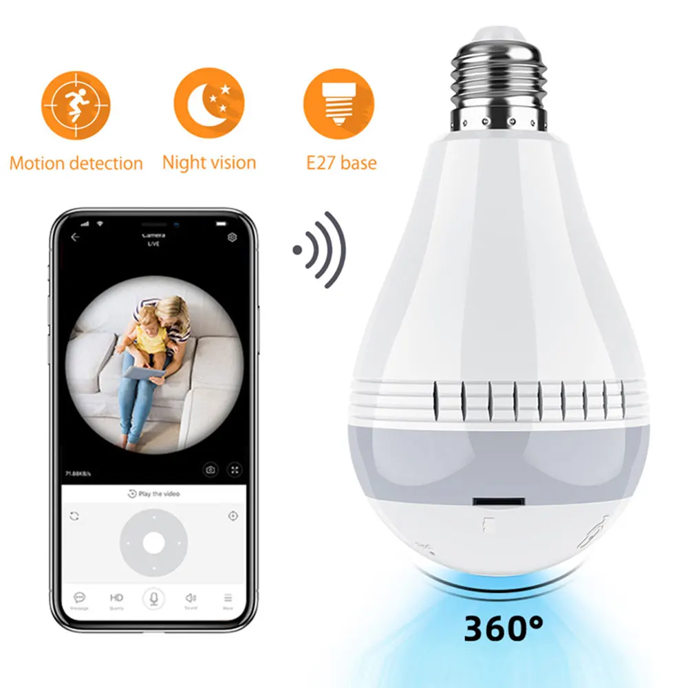 Беспроводная IP-камера с широкоугольным объективом и технологией LED-подсветки, разрешением 1080P, функцией ночного видения и контроля домашней безопасности в виде лампы-болванки.