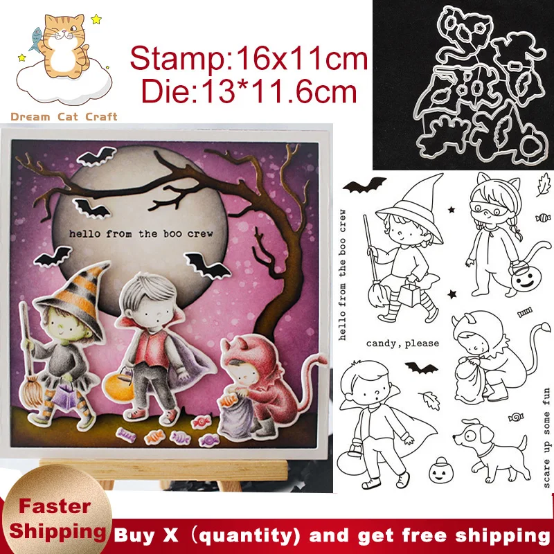 

Happy Halloween Little Witch Dog Boy Stamps and Cutting Dies New Arrivals 2021 Diy Dies Scrapbook Album Embossed Craft Cut Dies