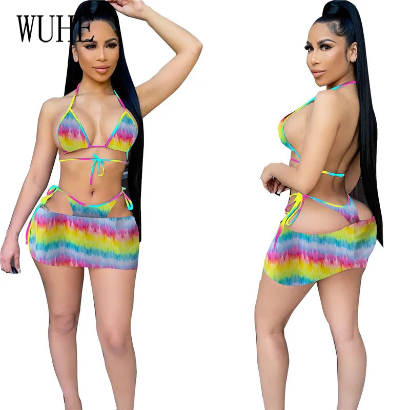 

KEXU Swimsuits 3 Piece Sets Rainbow Tie Dye Print Lace Up Halter Top+Sexy Panties+Mini Skirts Nightclub Beach Holiday Casual