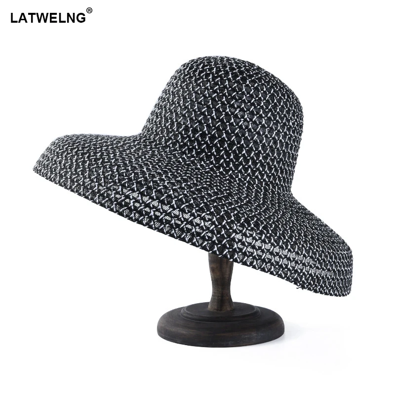 

Retro Round Top Big Straw Hat Ladies Sun Hats Travel Holiday Visor Hats Vintage Women Beach Hat Black And White Wholesale