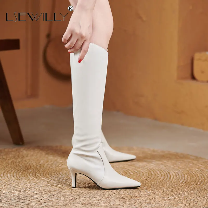 

Lsewilly Winter Black Silver Women Knee High Boots Faux Leather Women Thin High Heel Boots Pointed Toe Party Wedding Boots
