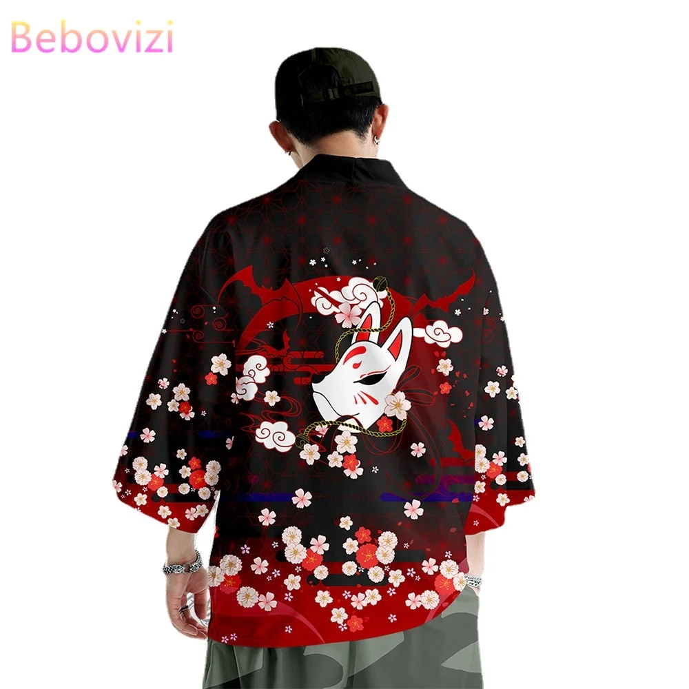 

Plus Size Kimono Falun Fox China Harajuku Japanese Style Sets Kimono Men Women Cardigan Haori Obi Asian Clothes Pant Suit