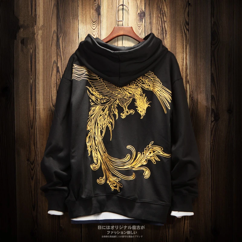Золотой Феникс китайский вышитый мужской балахон пара Осень Хип Хоп Толстовка