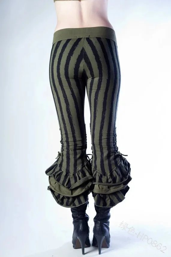 

WEPBEL Women Fashion Steampunk Victoriana Sage Striped Ruffle Capris Pants Elastic High Waist Skinny Leggings