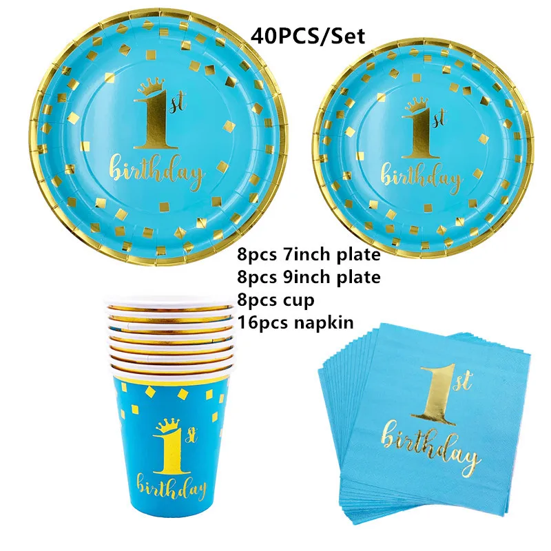 Детские 1st на день рождения одноразовая посуда розовый синий Салфетка под