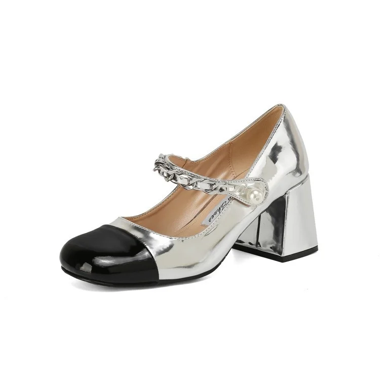 

Thick heeled high heels spring new leather color matching round head one line belt fashion shallow mouth women's single shoes