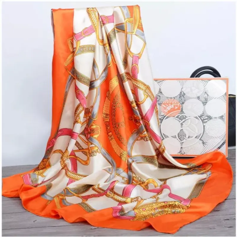 

Women Silk Scarf Euro Green Square Head Scarves Wraps Luxury Brand Quality Female Foulard Satin Shawls and Wraps 90*90